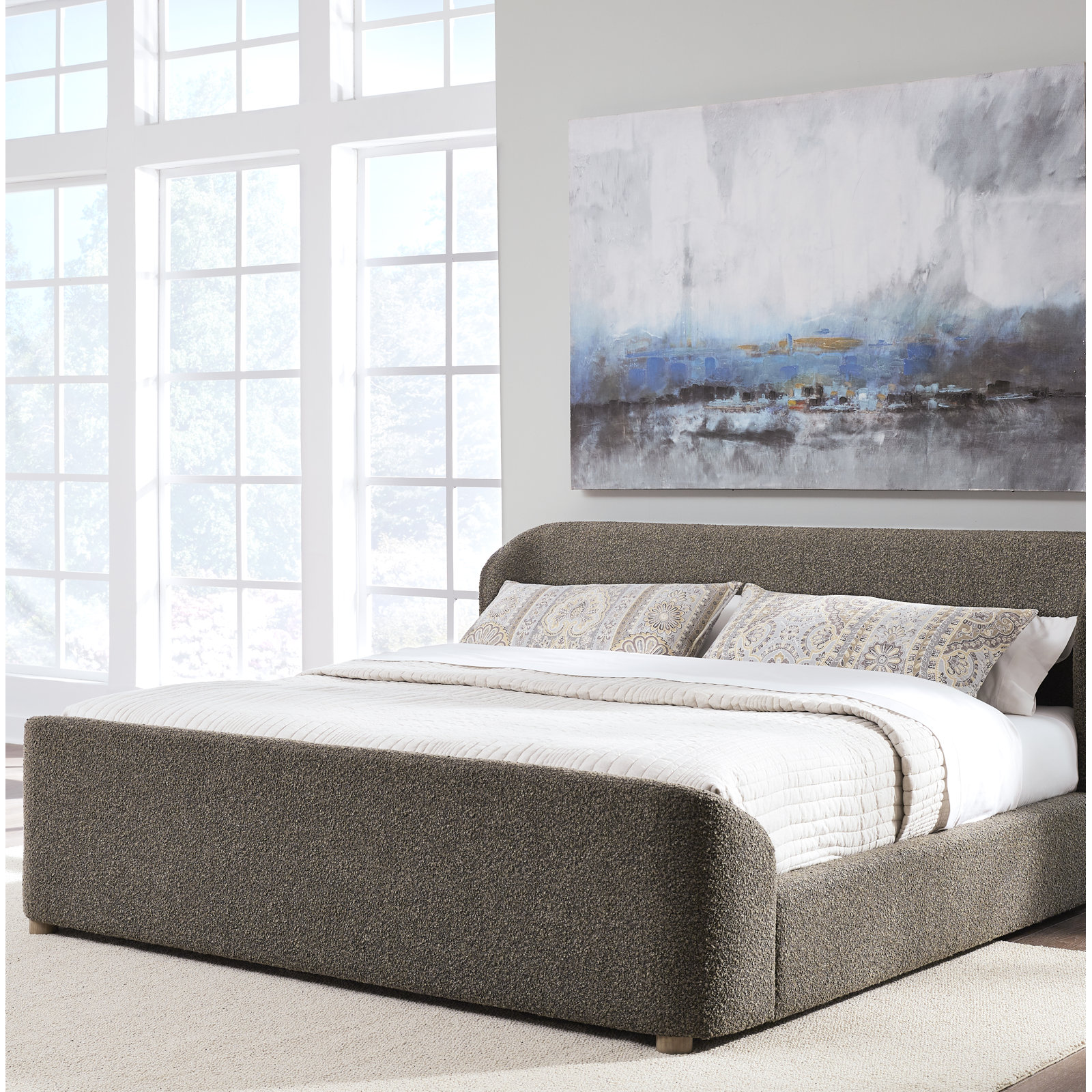 Kris Upholstered Platform Bed, King, White Boucle
