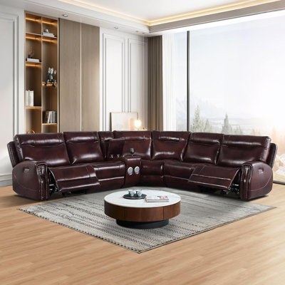6-Piece Multifunctional Genuine Cowhide Leather Power Reclining Living Room Sectional Sofa Set With Bluetooth Speaker