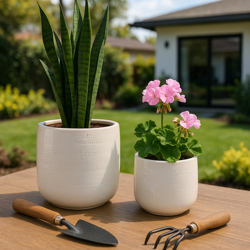 Jardinières décoratives à pois et lignes décoratives - Ensemble de jardinières d'intérieur et d'extérieur modernes et élégantes pour patio et salon - Ensemble de 2, 11 ", 8", blanc
