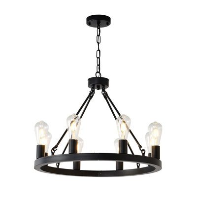 Lustre de roue de chariot noir mat 8 lumières, luminaire de ferme rustique