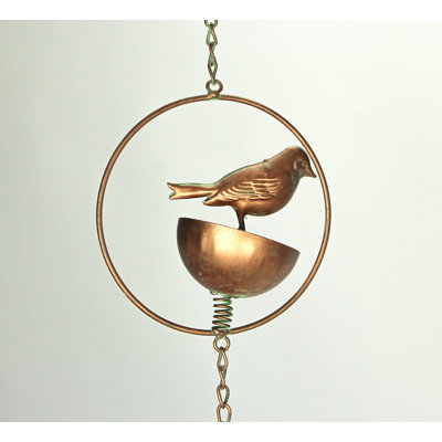 Rustic copper metal bird bowl garden rain chain with verdigris accents, 65 inches high