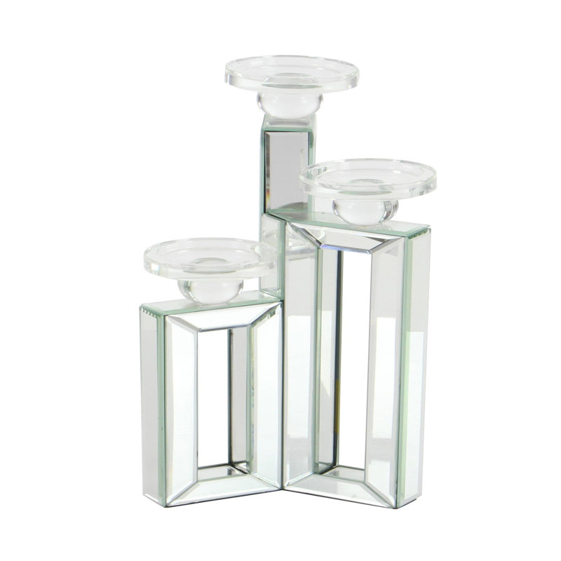 Glass Pillar 3 Plate Decorative Silver Candelabra with Mirrored Accents