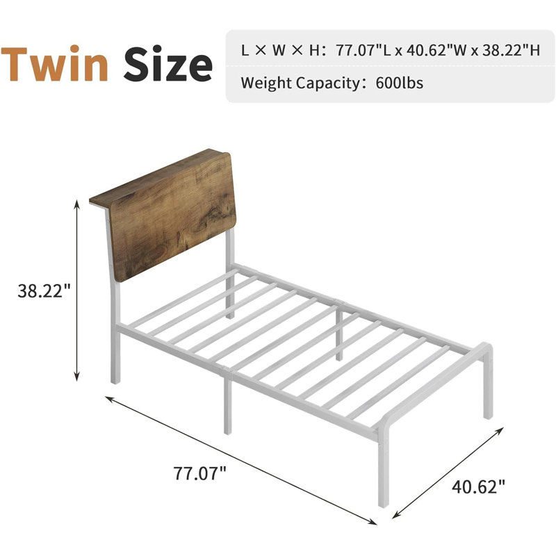 Metal Platform Bed, with LED Storage Headboard, Twin, Brown