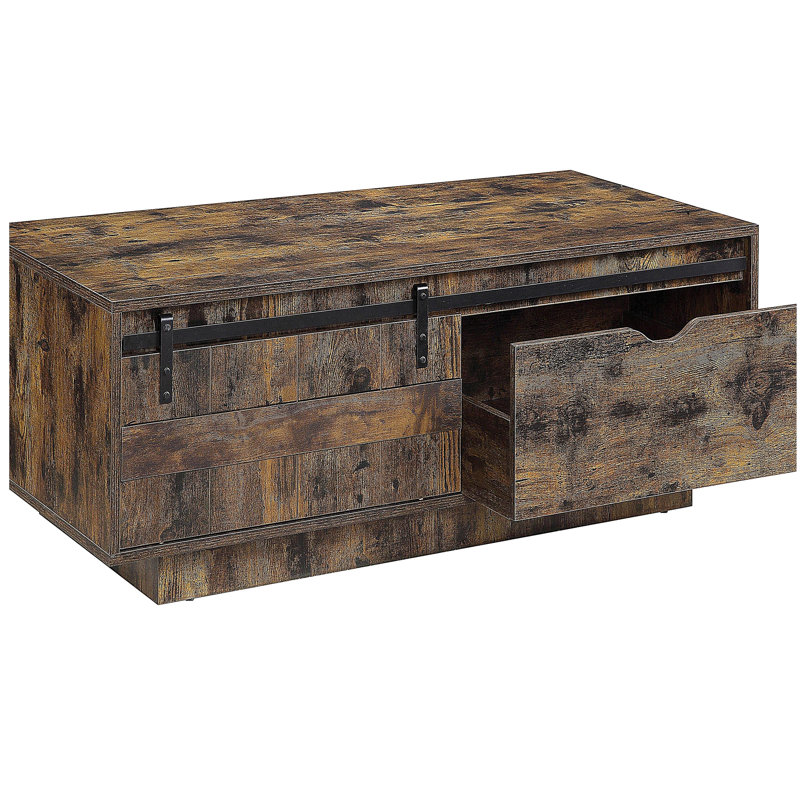 Table basse en chêne champêtre avec portes de grange coulissantes
