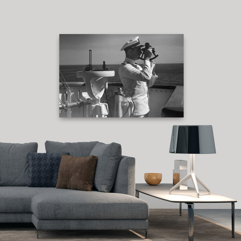 1940s, homme, marin, capitaine, agent, utilisation, sextant, pont, bateau, rétro, rétro, rétro, paysage, nature, art mural