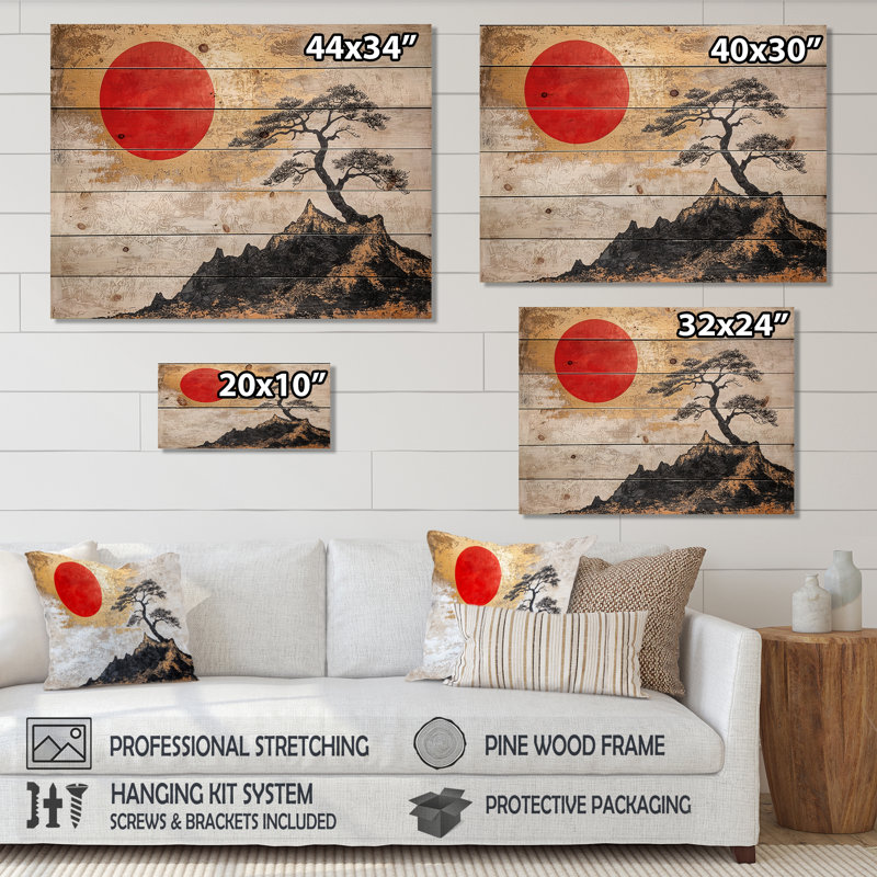 Soleil éternel de paysage japonais I - Art mural traditionnel sur bois de pin naturel, H 24 po x l 32 po