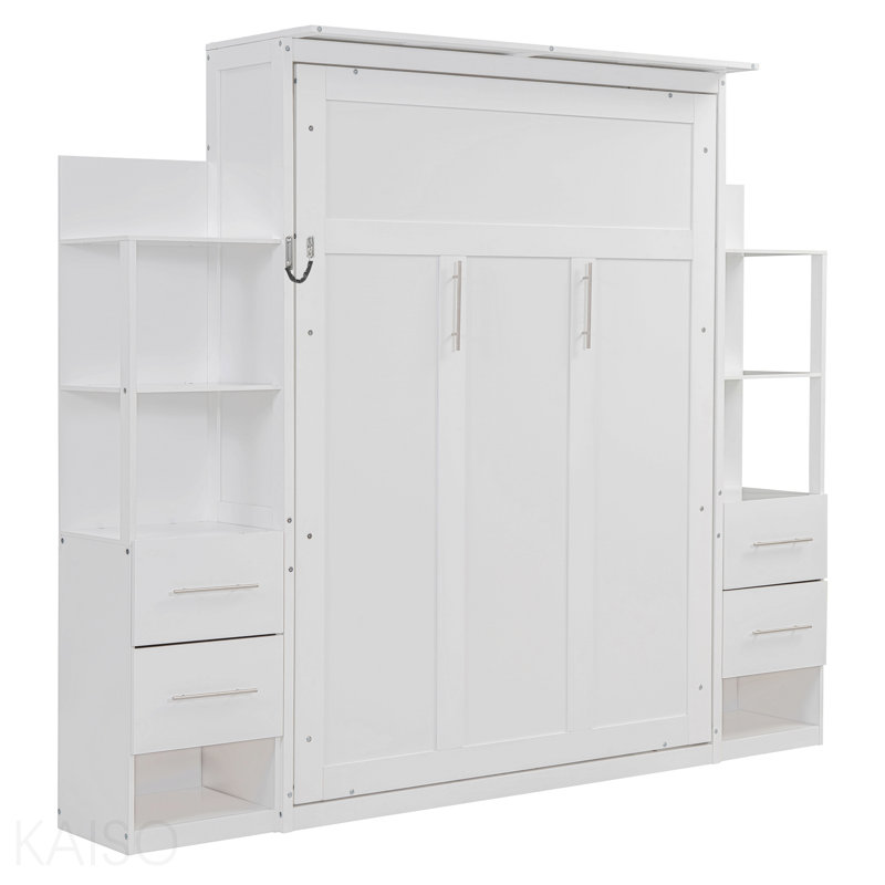 Lit escamotable double pleine grandeur avec tablettes, tiroirs et lumières à DEL, blanc
