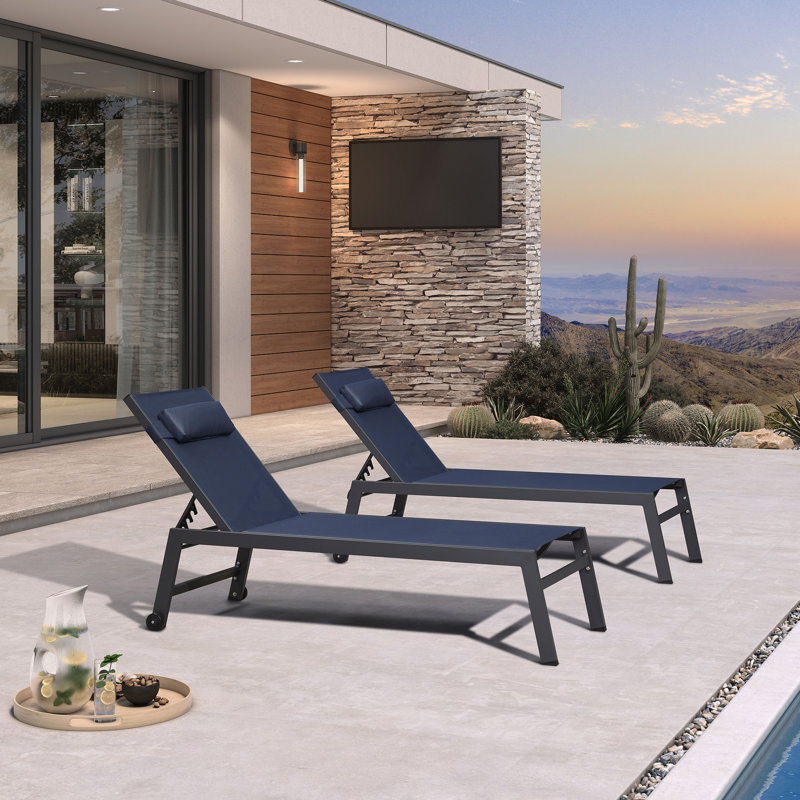 Outdoor Oversized Patio Chaise Pool Lounger Aluminum Frame With Side Table And Wheels, Navy Blue