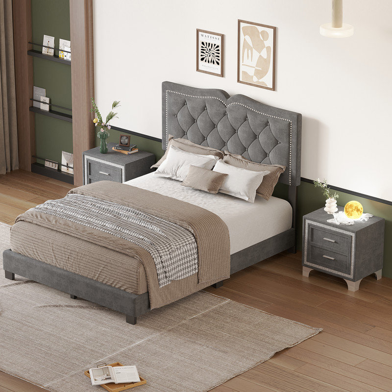 Lit plateforme tapissier Jitreo, Gris, Double