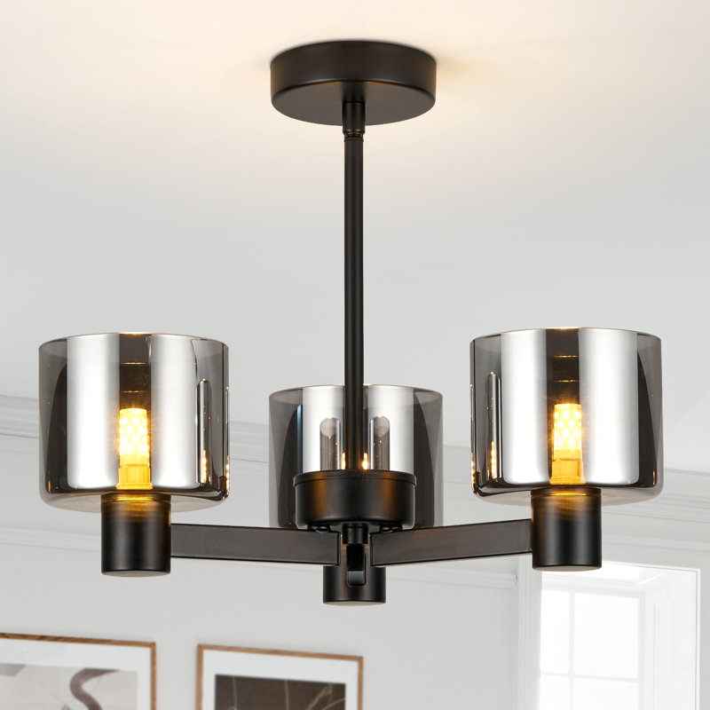 Glass Semi Flush Mount, 3 Lights, Grey, Matte Black