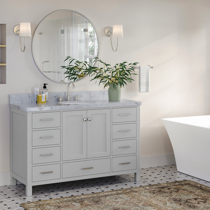 Cambridge 55'' Single Bathroom Vanity with White Quartz Top, Gray / Brushed Nickel