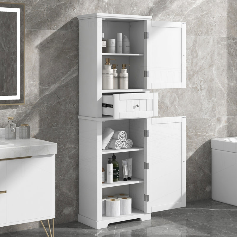 Freestanding Storage Cabinet with Drawer and Adjustable Shelf, White
