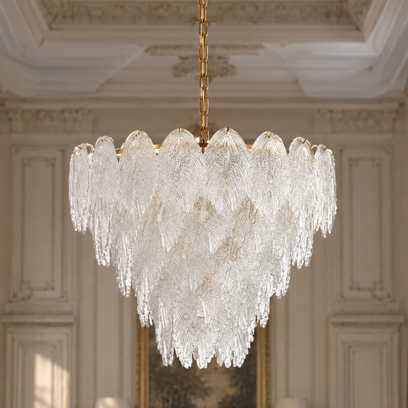 Lustre en verre texturé à plumes, 5 niveaux, 12 lumières, 71 cm (28 po), laiton antique