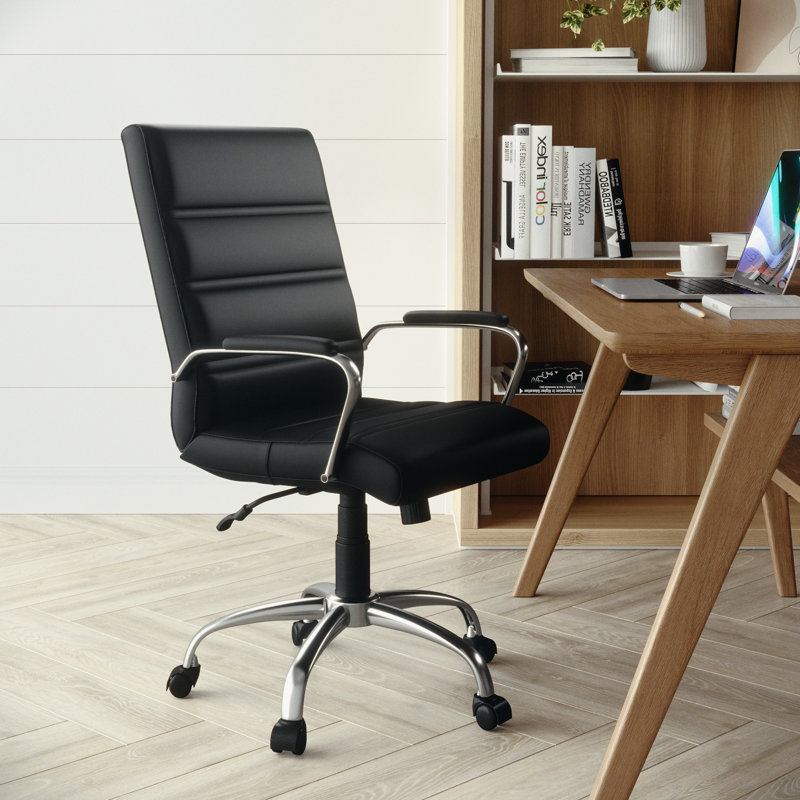 Whitney Ergonomic Upholstered Mid-Back Swivel Office Chair, Black Faux Leather, Chrome
