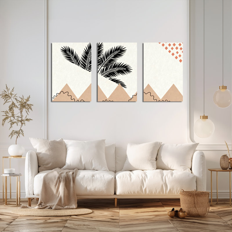 Feuille de palmier tropical et montagnes géométriques, reproduction d'art sur toile, impression moderne minimaliste (ensemble de 3)