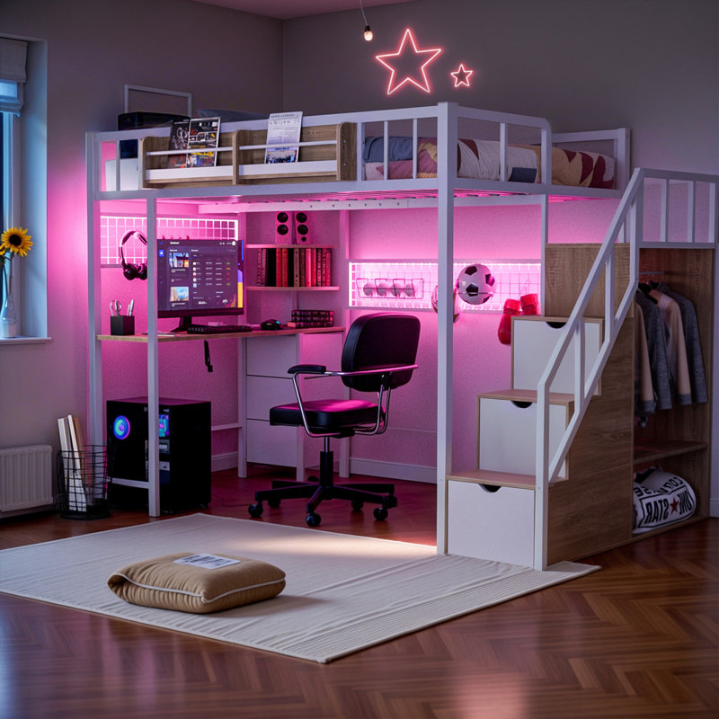Loft Bed with Built-in Desk, Stairs and Wardrobe, Space-Saving Metal Frame with Charging Station, LED Lights and Storage for Adults