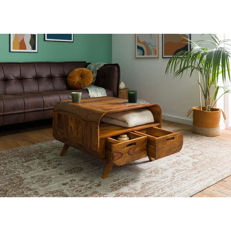 Solid Wood Four Leg Coffee Table with Storage, Tan