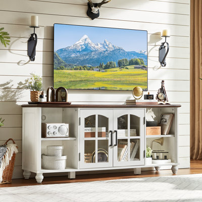 Meuble télé Farmhouse pour téléviseur de 60 po, meuble audio-vidéo en bois avec tablettes réglables et armoire de rangement avec porte en verre, meuble télé pour téléviseur de 65 po, console télé pour le salon, la chambre à coucher
