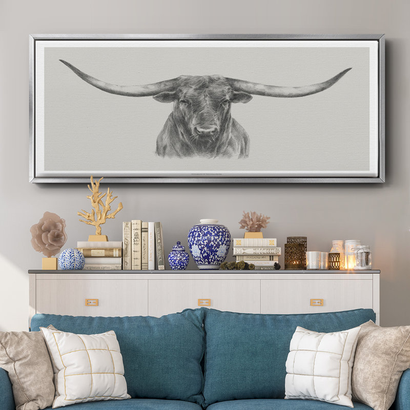 Longhorn bull - toile encadrée, H 20 po x l 50 po