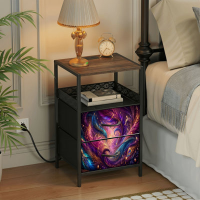 Table de chevet 2 tiroirs avec station de charge, table de chevet de chambre à coucher avec ports USB, tablette ouverte noire, table de chevet avec motif de plumes de paon abstraites aux accents dorés fantaisie