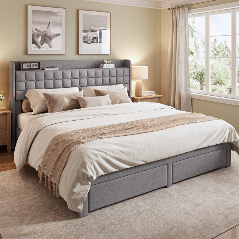 Avelyn Upholstered Bed Frame with 2 Footboard Drawers and Storage Platform, Gray, Queen