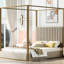 Grand lit plateforme à baldaquin avec tête de lit et structure en métal, beige