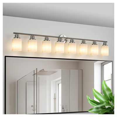 52" Modern 8-Light Vanity Light Fixture, Brushed Nickel Bathroom Wall Sconce with Frosted Glass Shades for Mirror Lighting