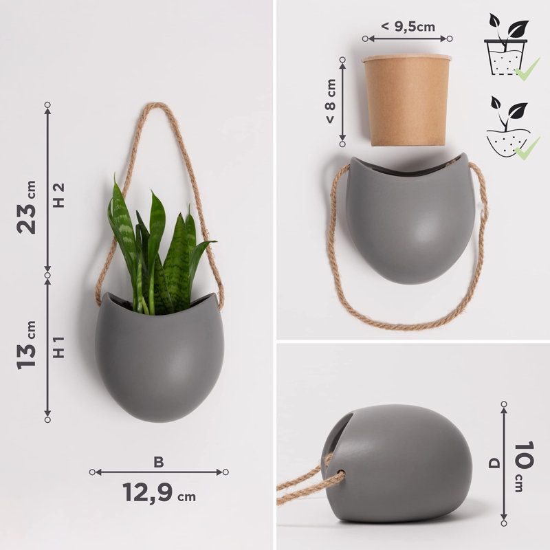 Hanging Ceramic Plant Pots 3 Pieces, Gray