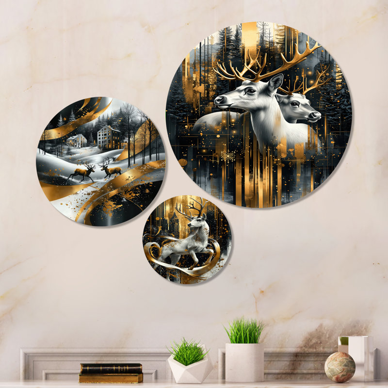Magic Gold and White Reindeer At Christmas I - Christmas Deer, impression murale en métal 3 pièces
