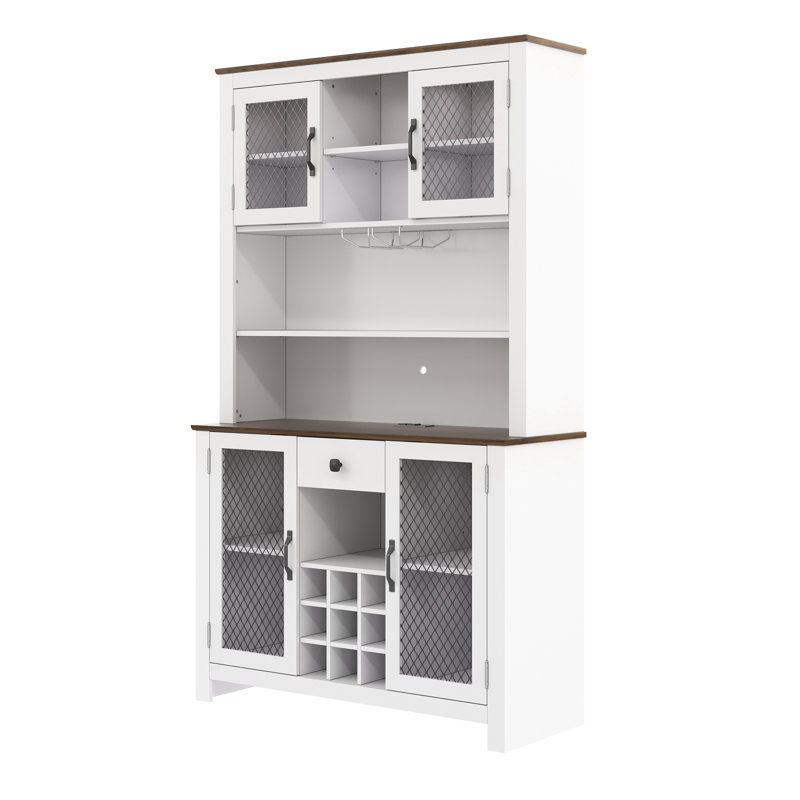 Armoire-bar Farmhouse avec portes, tiroir et étagère à vin, prises à DEL, Blanc