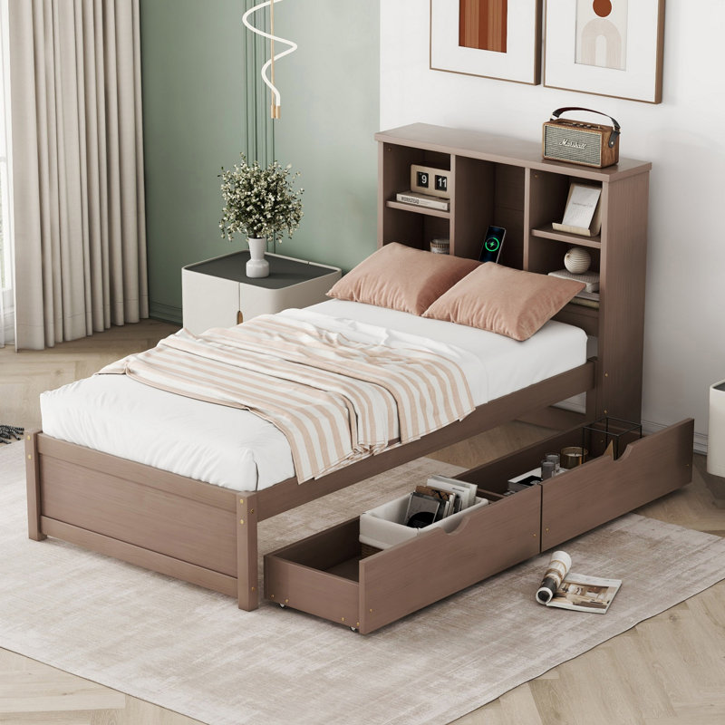 Base de lit plateforme avec port USB, tête de lit bibliothèque et 2 tiroirs pour la chambre à coucher, Noyer