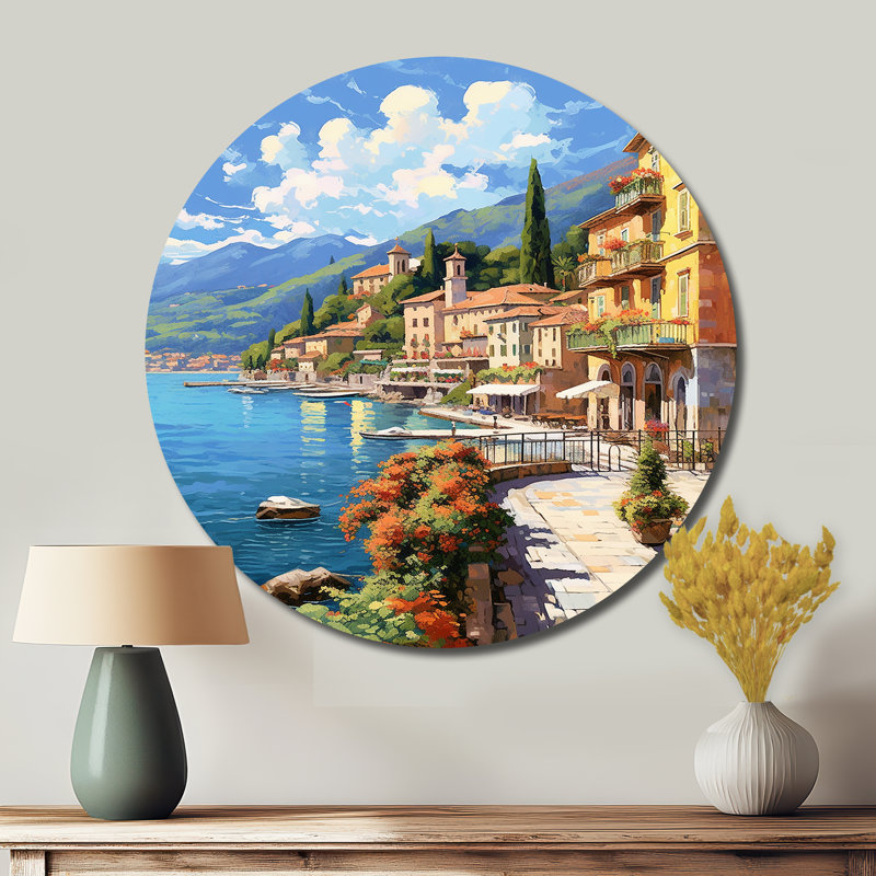 La Dolce, plage italienne II - paysages d'art rond en métal, H 16 po x l 16 po
