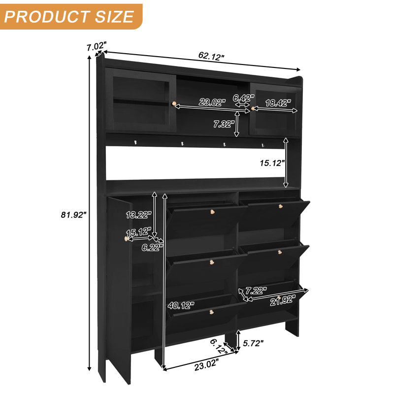 Large Hallway Tree, Multifunctional Shoe Cabinet With Storage Shelves And 6 Flip-top Drawers, With Tempered Glass Doors, Hallway Cabinet With 4 Hooks