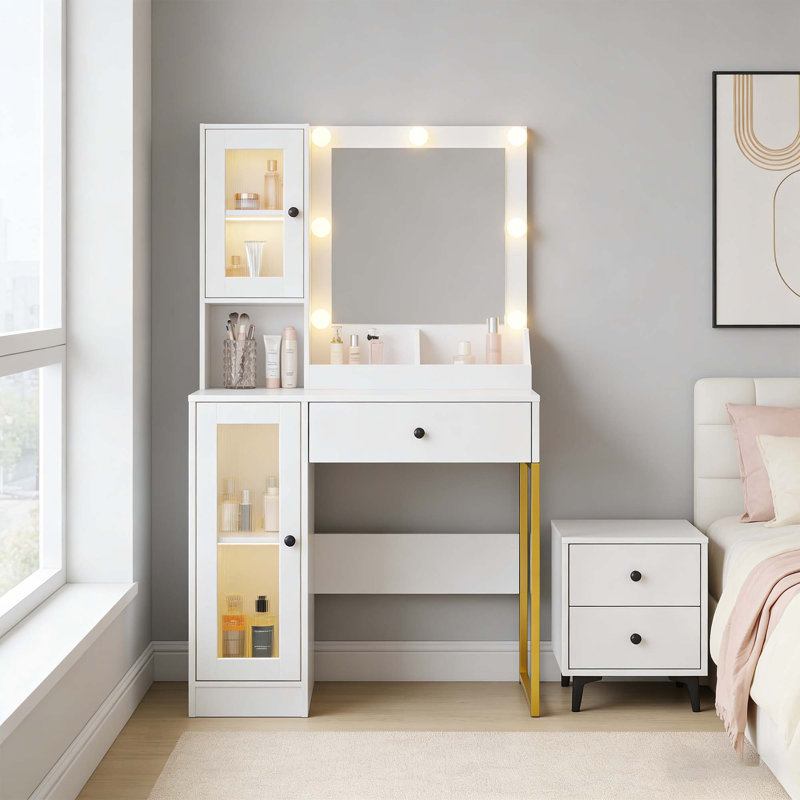 Bureau de coiffeuse avec miroir et lumières, table de maquillage avec prises USB, tiroirs de rangement et ampoules réglables