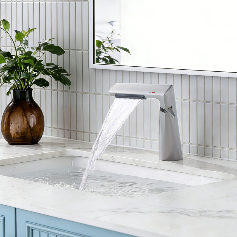 6.2"H Solid Brass Single Hole Bathroom Sink Faucet Waterfall Bathroom Faucet with Adjustable Aerator, Brushed Nickel