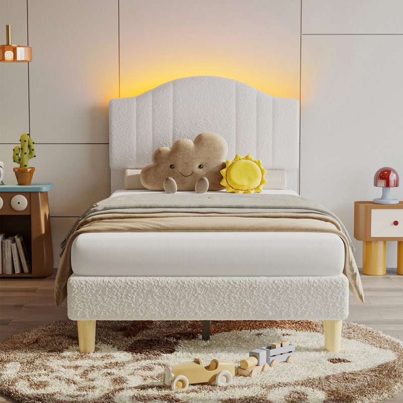 Structure de lit simple tapissier en tissu blanc avec lumière DEL et tête de lit réglable en hauteur, sans sommier tapissier