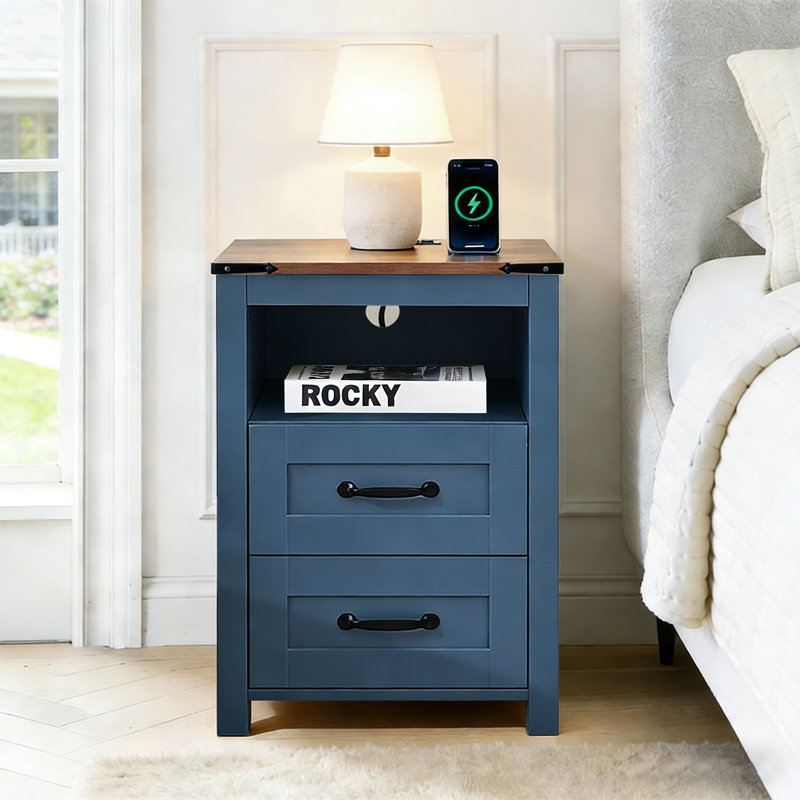 Nightstand Set Of 2 With Charging Station,Side Table With 2 Drawers Storage Cabinet For Bedroom, Living Room, Blue, 2