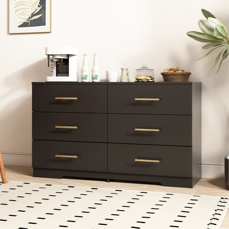 Large 6 Drawers Chest Of Drawer Dressers Table With Golden Handle, Black
