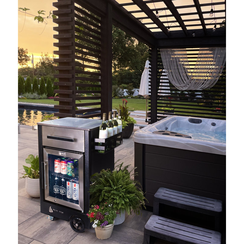 Mont Alpi Stainless Steel 33"W Premium Outdoor Kitchen Island Rolling Bar Cart Prep Table Grill Station with Ceramic Top & Beverage Refrigerator + Storage Drawers for Accessories + Wine Holder Shelf