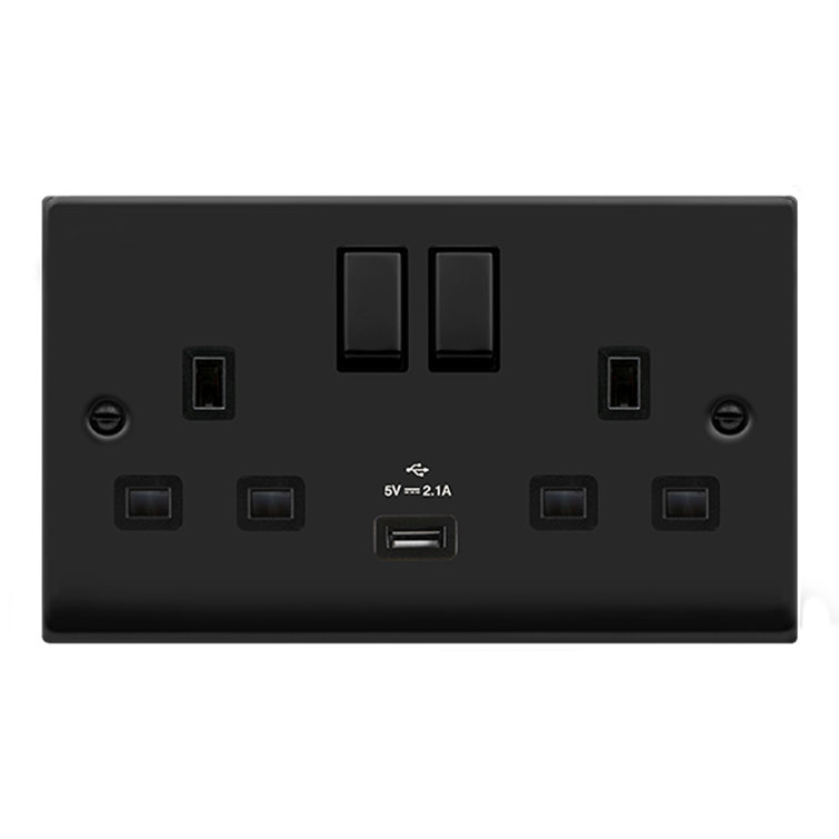 Matt Black 2 Gang 13A DP Ingot 1 USB Twin Double Switched Plug Socket