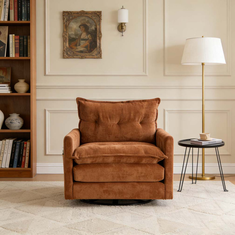 Fauteuil rembourré épais avec base en métal solide, fauteuil simple confortable, fauteuil d'appoint pivotant, Brun