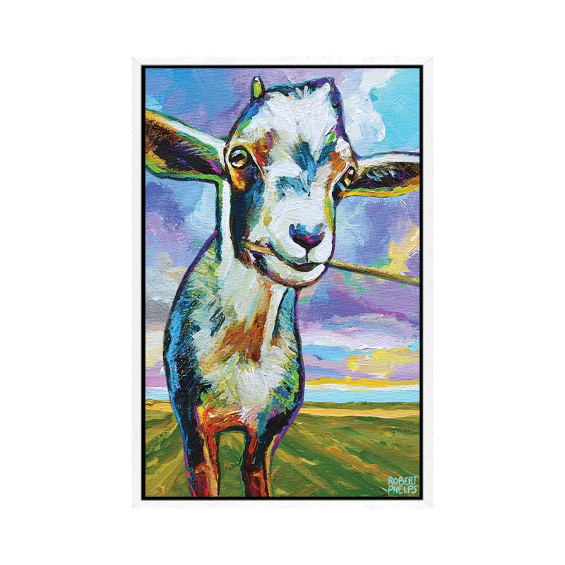Theo The Goat In The Field by Robert Phelps - Painting on Canvas, 66.04 cm H x 45.72 cm W, White Framed