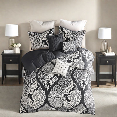 Premium King/cal King 6-piece Bedding Set, 100% Cotton Sateen With Damask Design For Modern Bedrooms