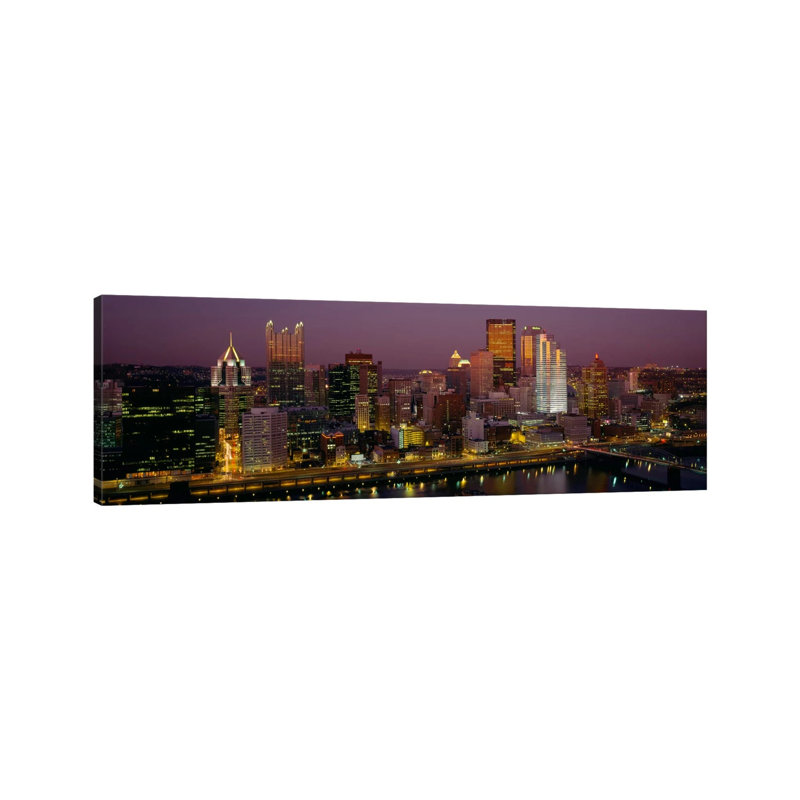 High Angle View of Buildings Lit up at Night, Pittsburgh, Pennsylvania, USA 1 Piece Wrapped Canvas Panoramic Wall Art