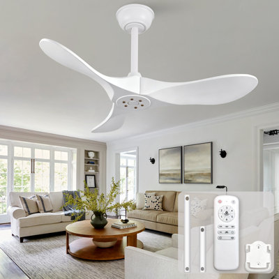 Ventilateur de plafond 36 pouces, 3 pales en bois massif blanc, moteur CC réversible à 6 vitesses, sans lumière, télécommande, tiges verticales de 5 po et 10 po, pour le patio de la chambre à coucher