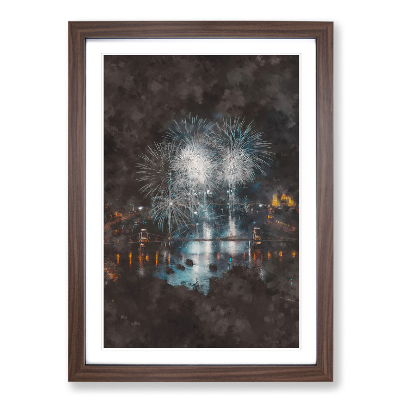 Fireworks over Budapest in Hungary - Framed Print, 48cm H x 36cm W x 2cm D, Walnut Framed