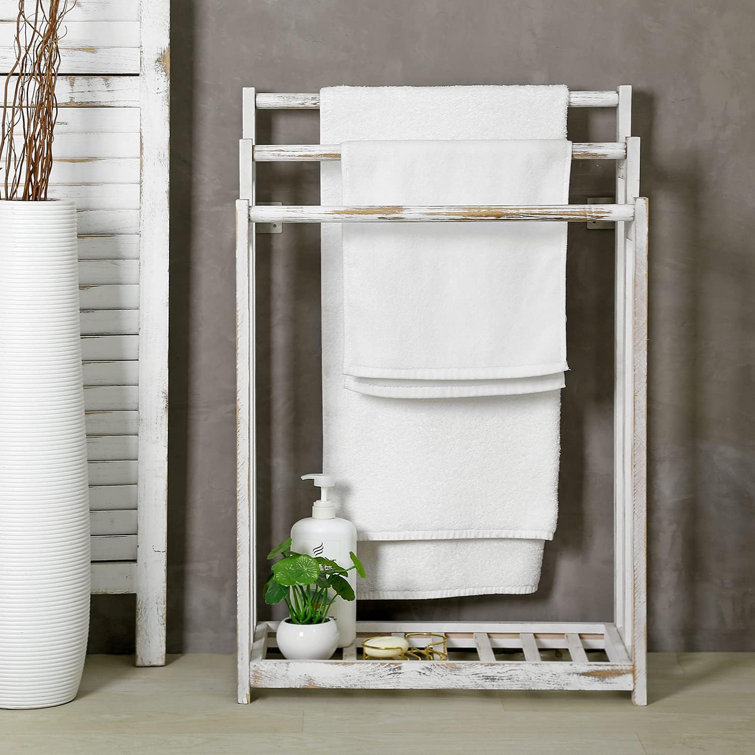 Rustic Freestanding Wooden Towel Rack With 3 Bars And Bottom Storage Shelf For Bathroom, Laundry, Or Poolside Use