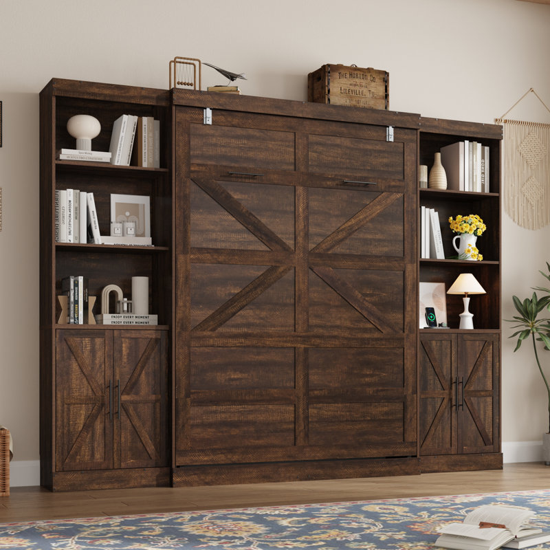 Murphy Bed With 2 Side Storage Cabinets, LED Lights, And Charging Station,  No Box Spring Needed, For Home Office, Full