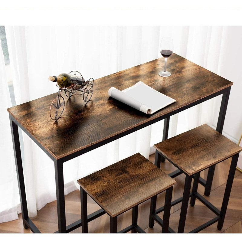 Bar Table And Chairs Set, 47.2” Rectangular Pub Table With 2 Stools For Small Space, High Top Table, 3-Piece Breakfast Table Set, Sturdy Metal Frame, Easy To Assemble, Rustic Brown
