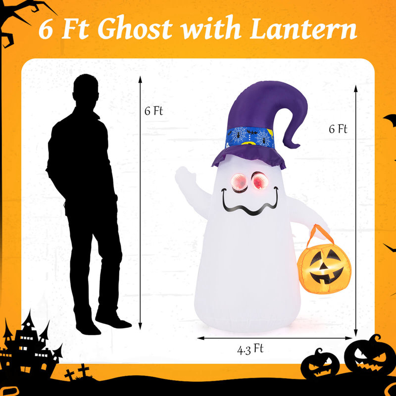 Mignon fantôme gonflable d'Halloween 6 pi avec citrouille-lanterne et chapeau de sorcière